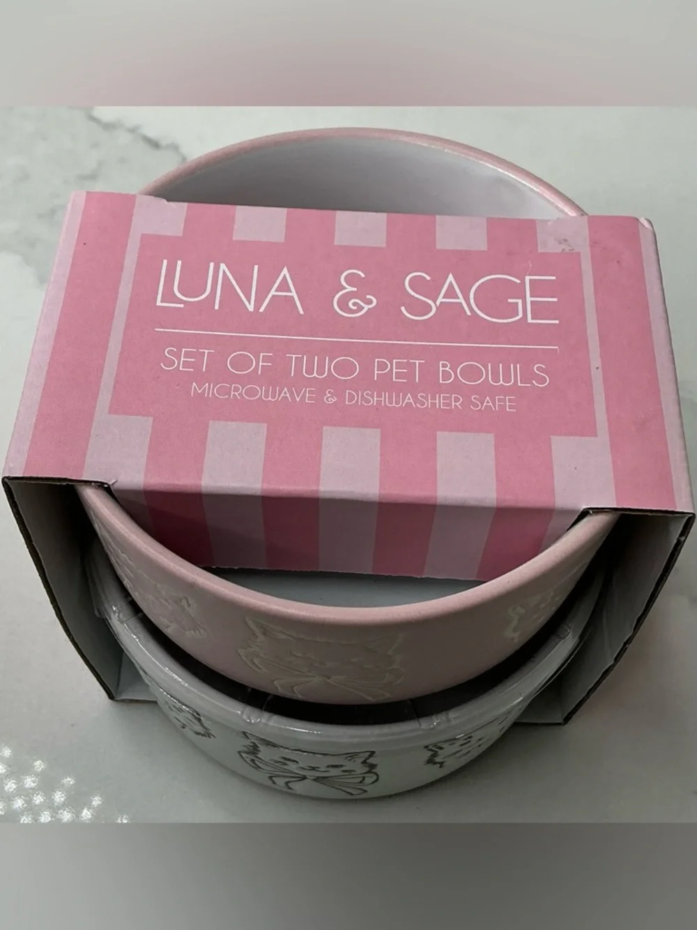 Luna & Sage PET BOWL CAT FACE WITH BOW PINK& IVORY NEW